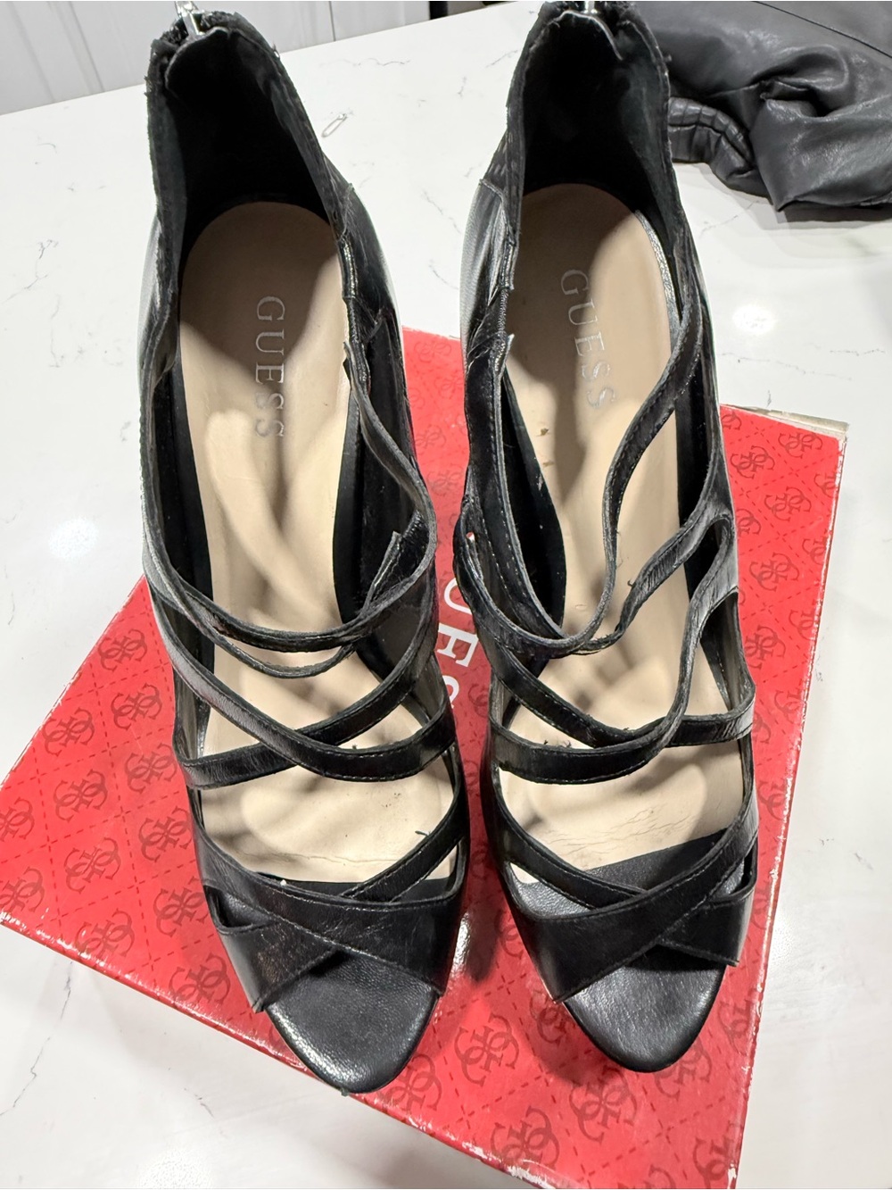 GUESS Black Multi-Strap Peep-Toe size 10 Heels